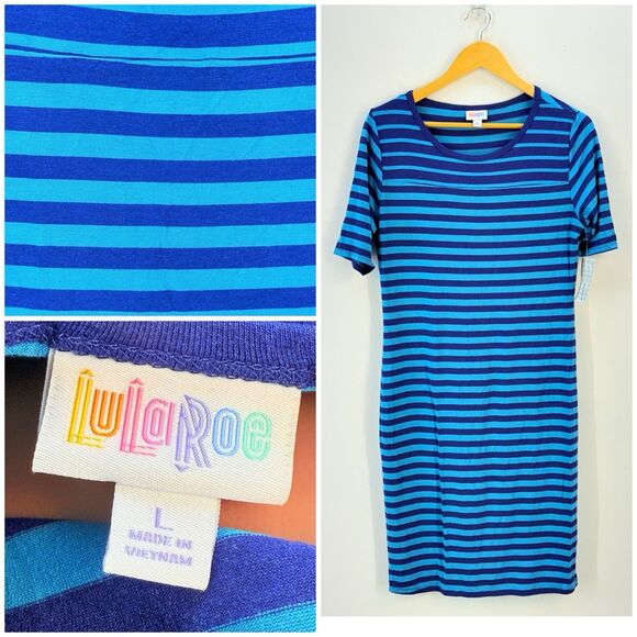 LuLaRoe Julia Dress Large Color Blue Light/Dark Stretch Knee Length Comfy - Picture 1 of 16